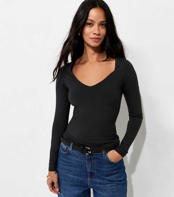 Black Slinky Jersey V-Neck Long Sleeve Top