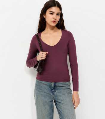 Dark Burgundy Slinky Jersey V-Neck Long Sleeve Top