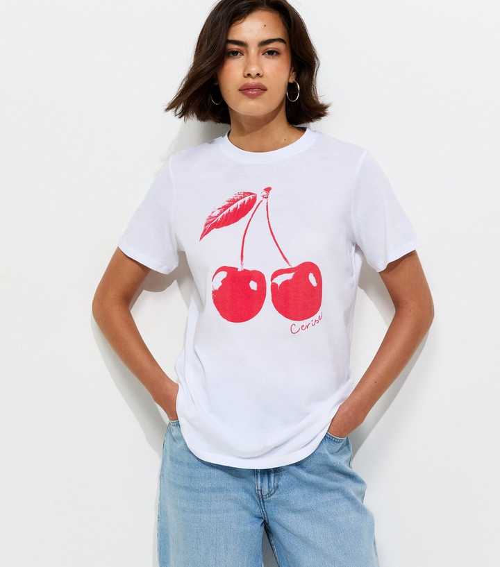 White Cotton Cherry Print T-Shirt
