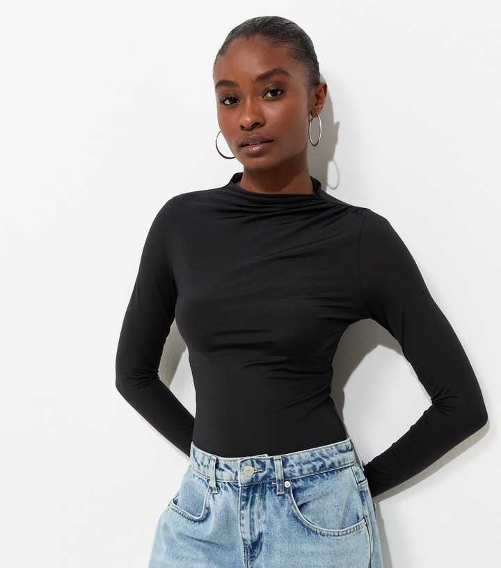Black Slinky Draped High Neck Long Sleeve Bodysuit