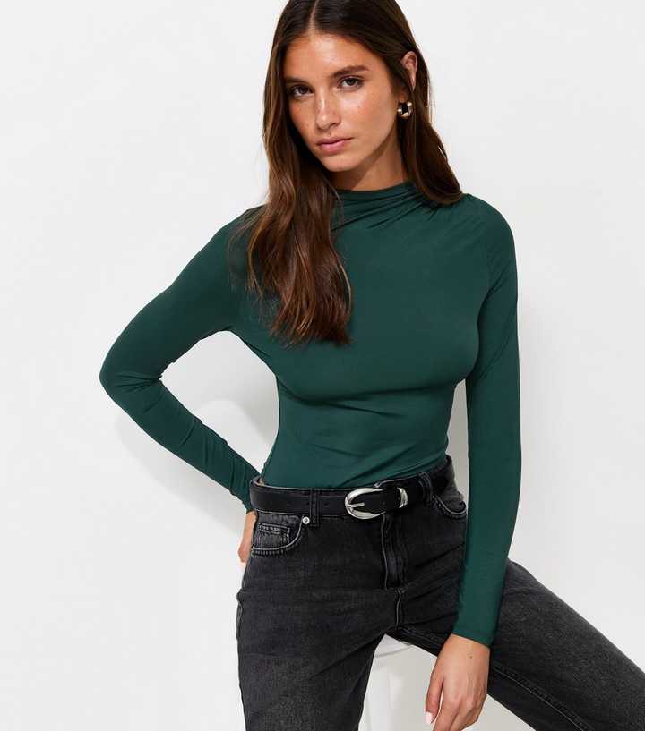 Dark Green Slinky Draped High Neck Long Sleeve Bodysuit