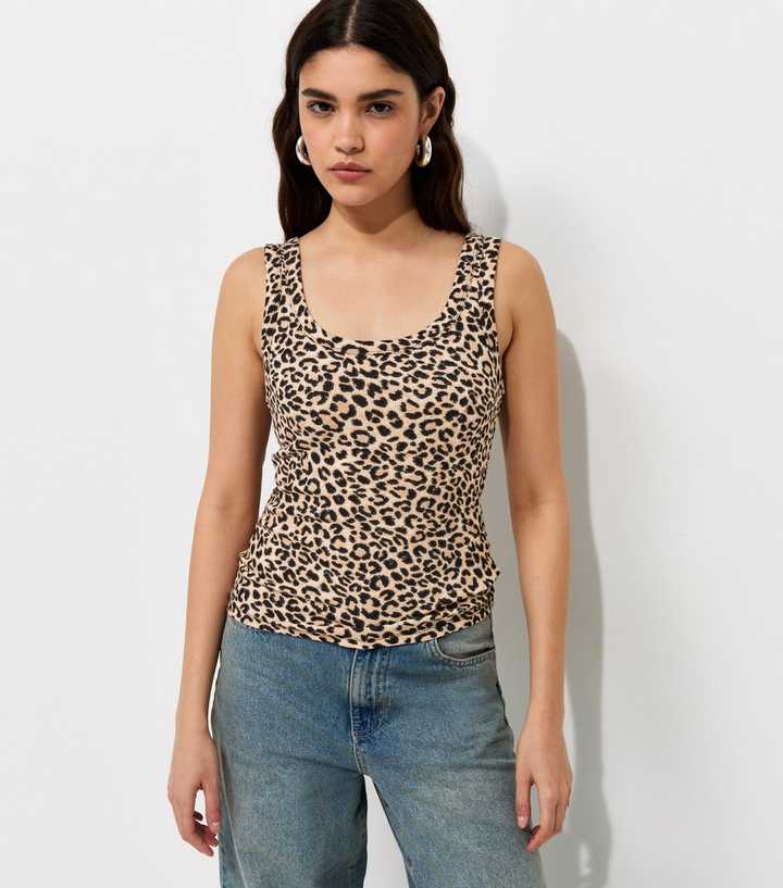 Brown Cotton Rich Leopard Print Wide Strap Scoop Neck Vest