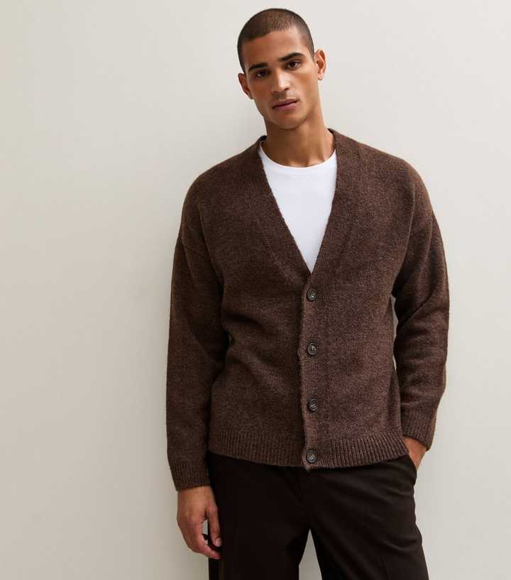 Dark Brown Relaxed Fit Fluffy Knit V Neck Cardigan