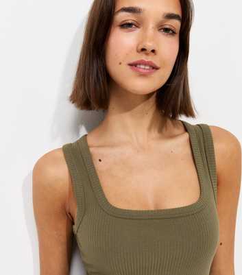 Dark Khaki Ribbed Cotton Rich Square Neck Vest