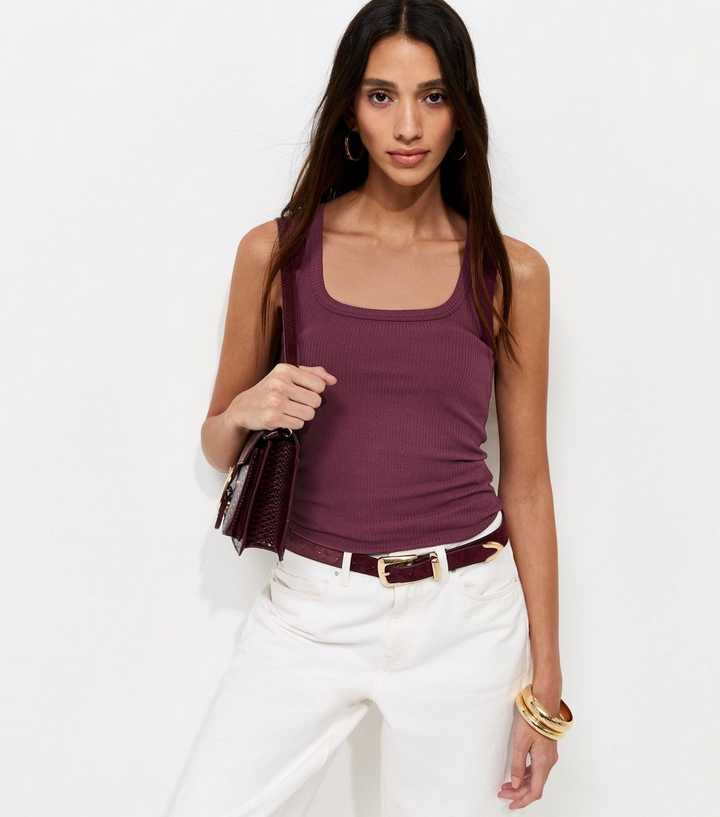 Dark Burgundy Ribbed Cotton Rich Square Neck Vest