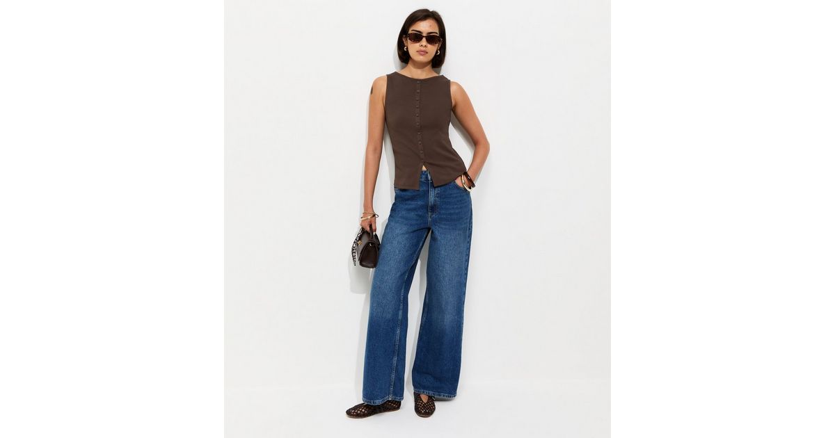 Dark Brown Cotton Rich Button Through Tank Top