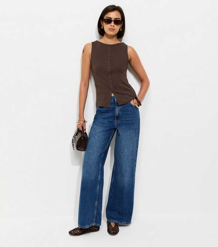 Dark Brown Cotton Rich Button Through Tank Top