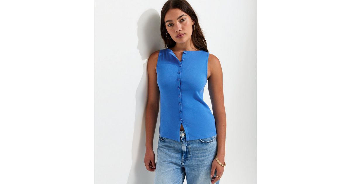 Bright Blue Cotton Rich Button Through Tank Top