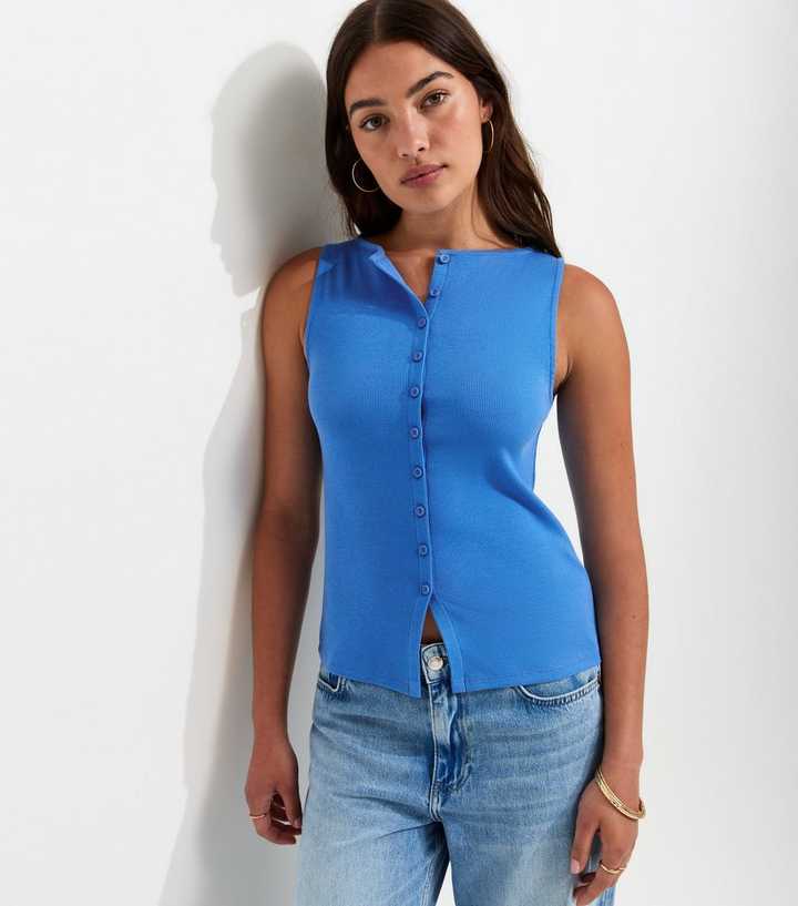 Bright Blue Cotton Rich Button Through Tank Top