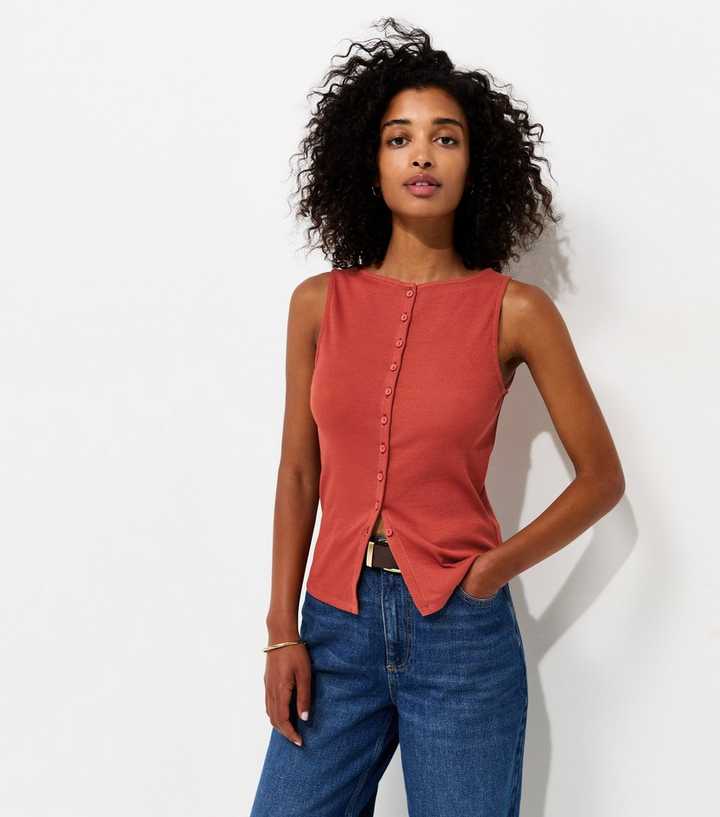 Dark Red Cotton Rich Button Through Tank Top