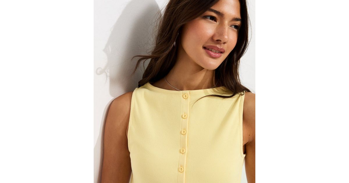 Light Yellow Cotton Rich Button Through Tank Top
