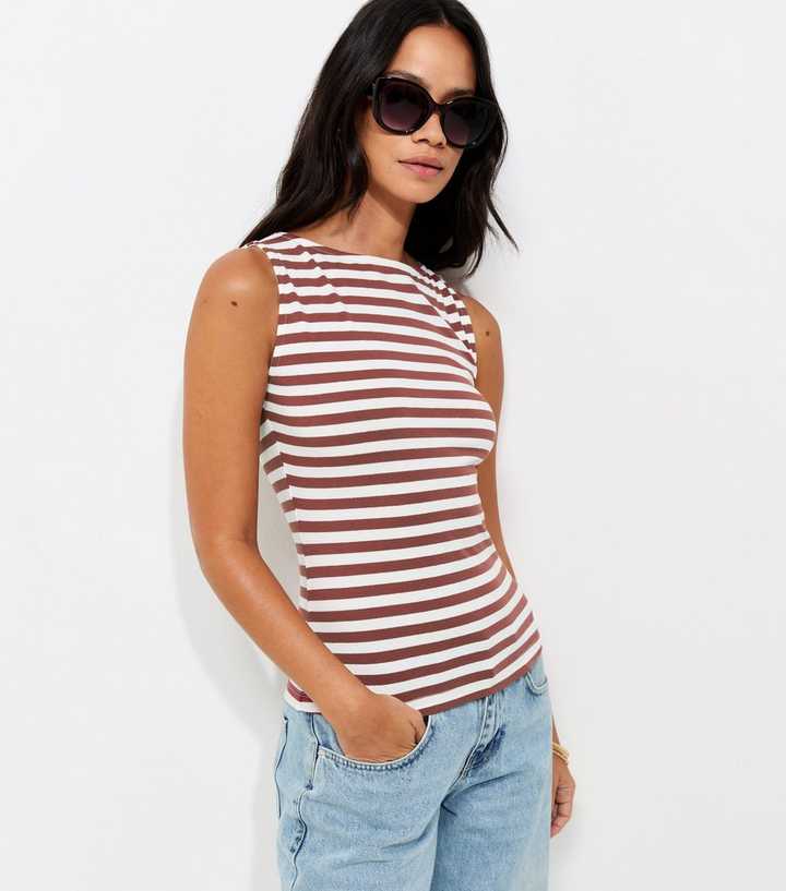 Red Cotton Rich Striped Slash Neck Tank Top
