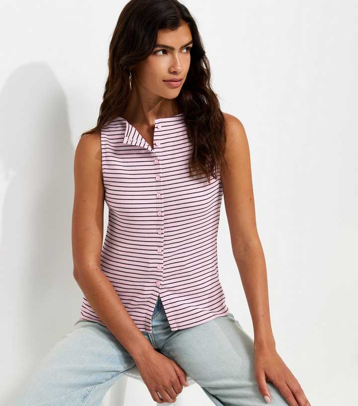 Pink Cotton Rich Stripe Pattern Button Through Tank Top