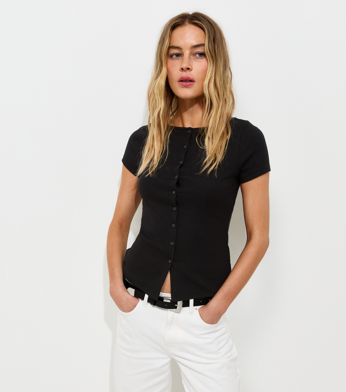 Women's Black Cotton Rich Button Through Baby Tee T-Shirt New Look