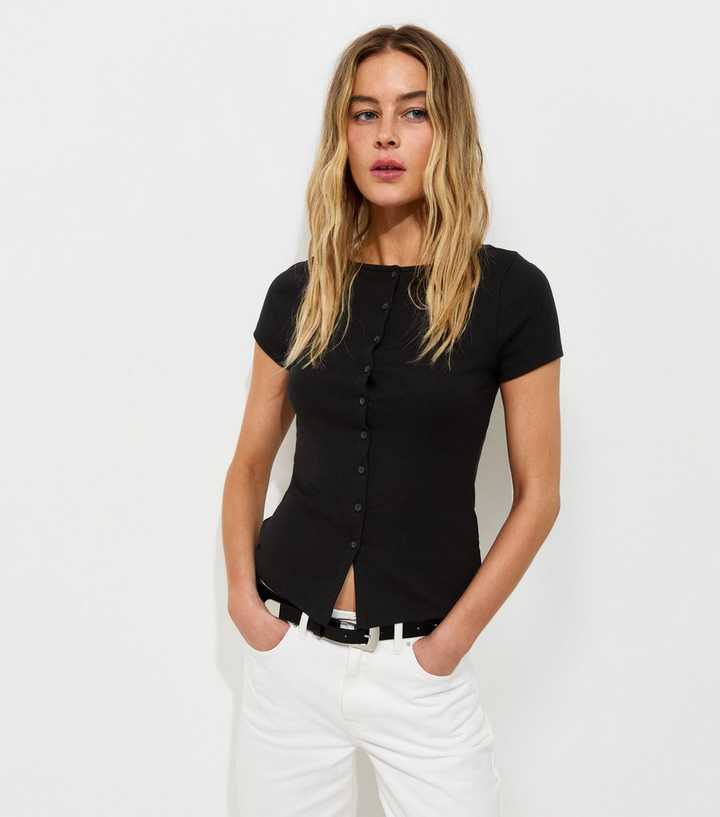 Black Cotton Rich Button Through Baby Tee T-Shirt