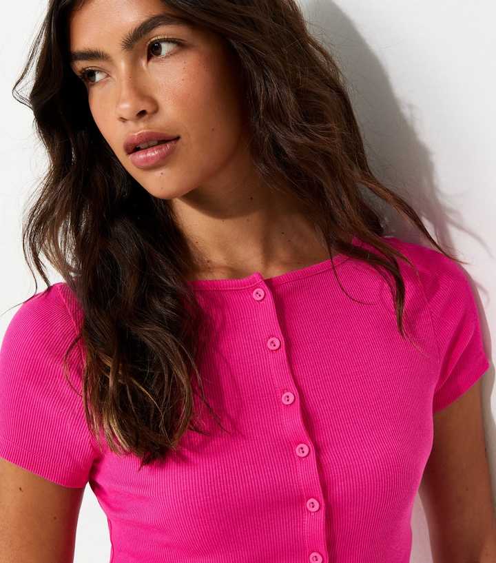 Bright Pink Cotton Rich Button Through Baby Tee T-Shirt