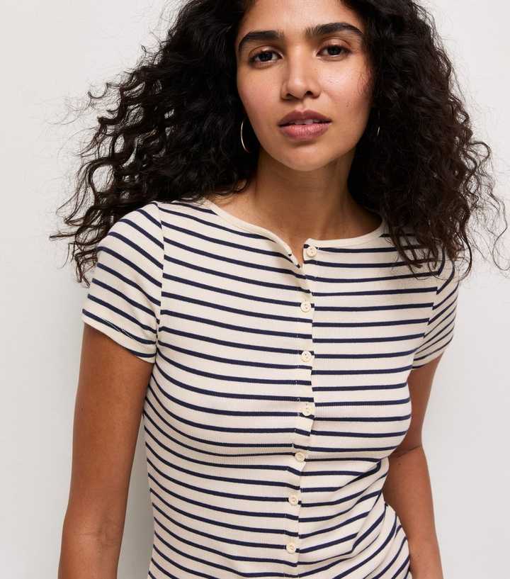 Cream Cotton Rich Striped Button Through Baby Tee T-Shirt
