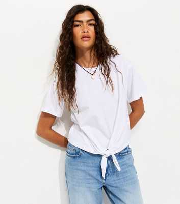 White Cotton Tie Front T-Shirt