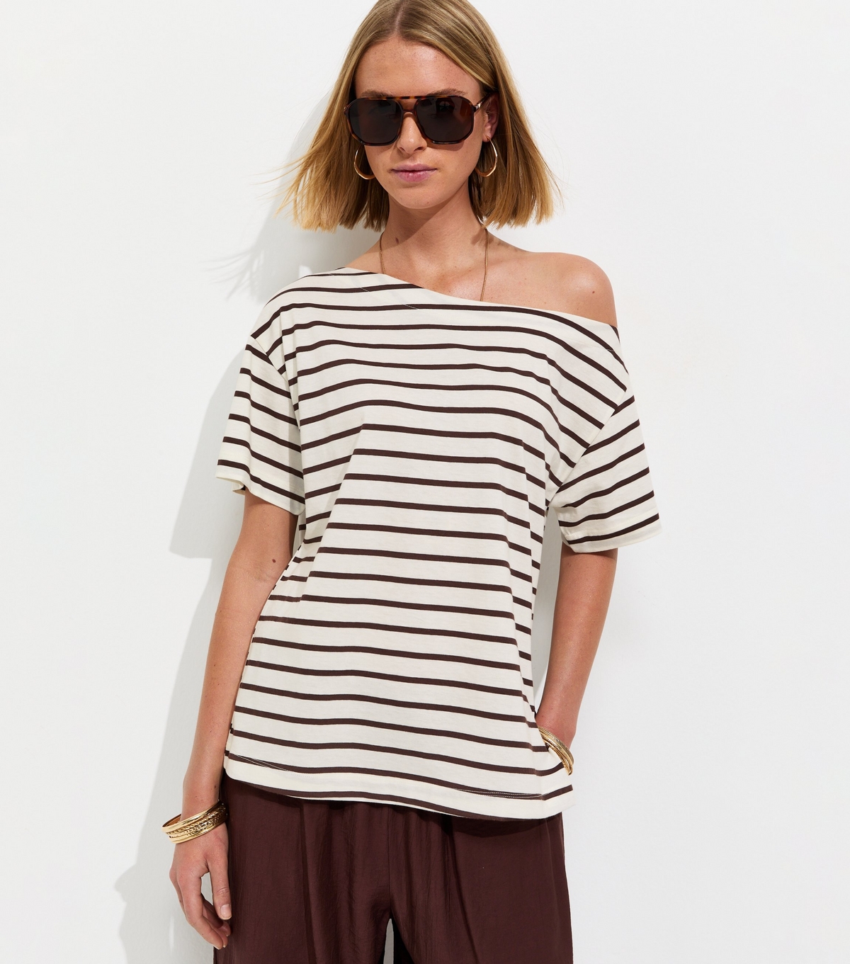 Women's White Striped Cotton Off The Shoulder T-Shirt New Look