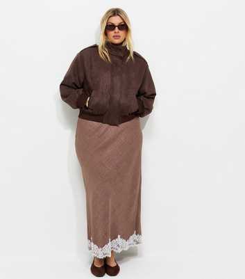 Curves Dark Brown Woven Lace Trim Midi Skirt