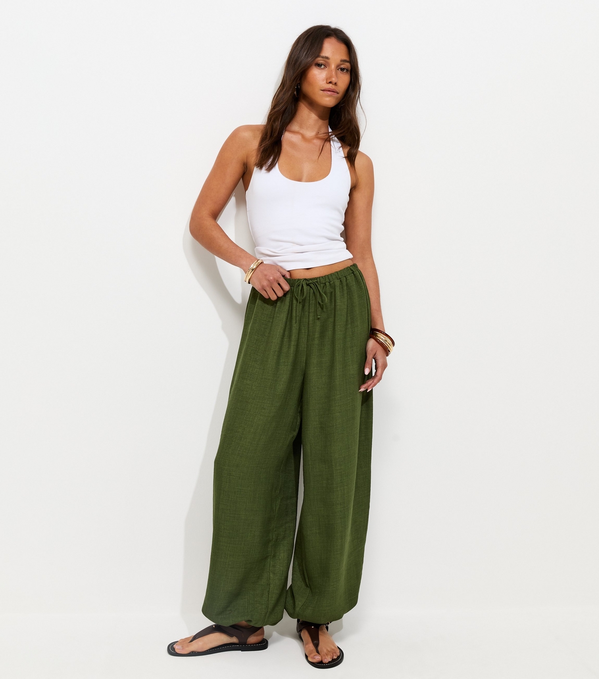 Women's Dark Khaki Drawstring Cuffed Trousers New Look