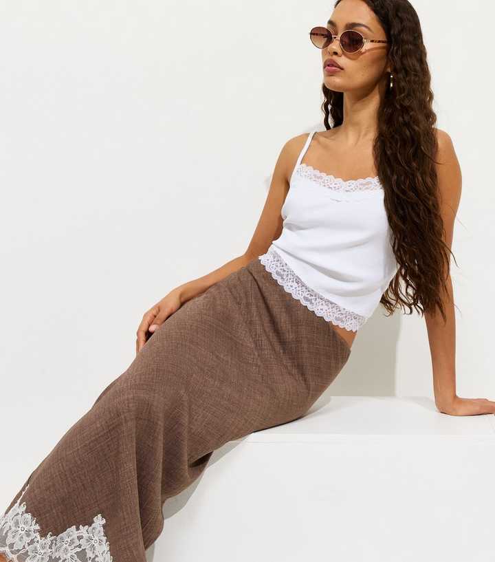 Petite Dark Brown Woven Lace Trim Midi Skirt