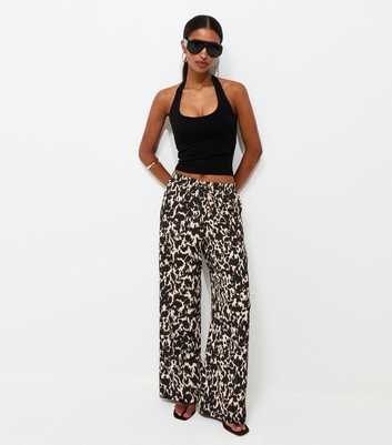 Cream Leopard Print Crinkle Texture Wide Leg Trousers