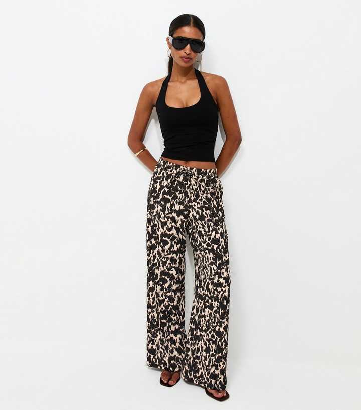 Cream Leopard Print Crinkle Texture Wide Leg Trousers