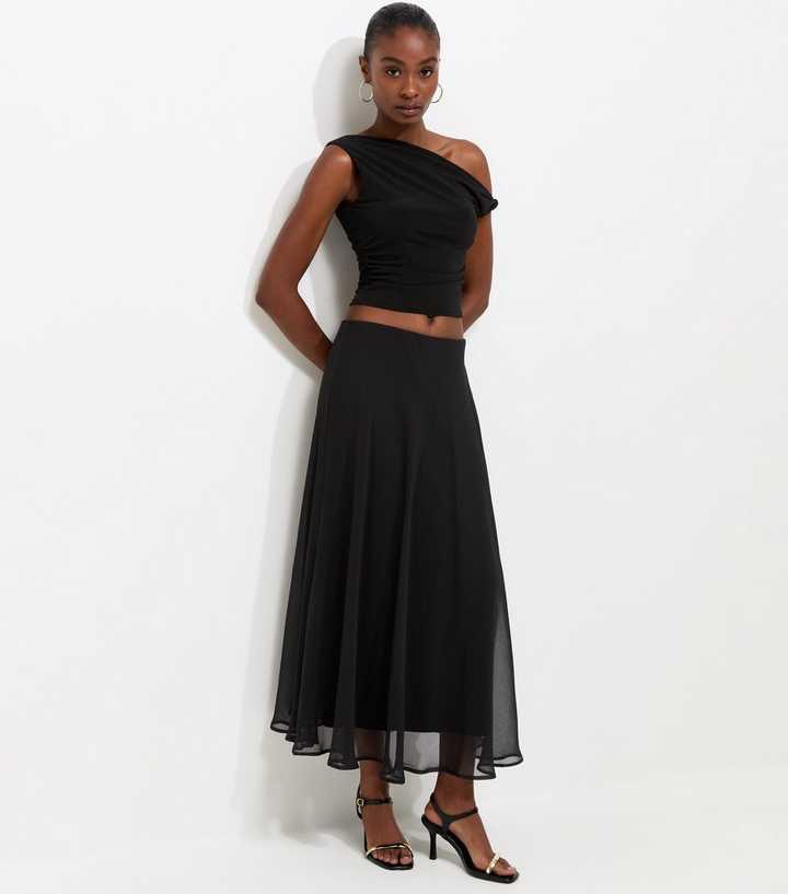 Black Chiffon Circle Midi Skirt