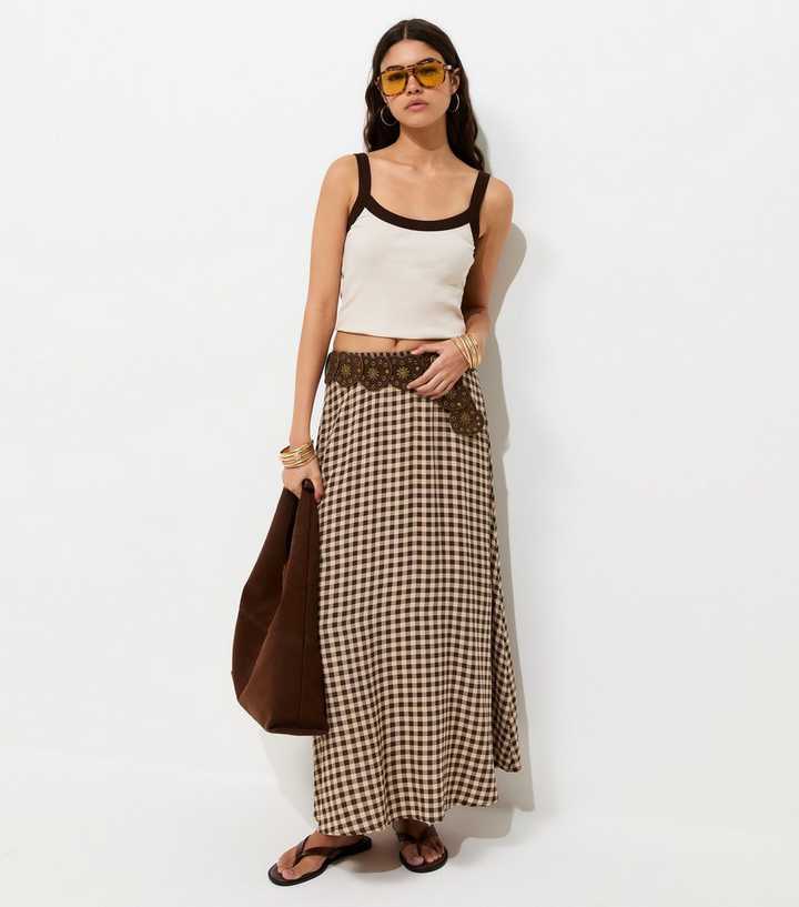 Brown Gingham Print Circle Maxi Skirt