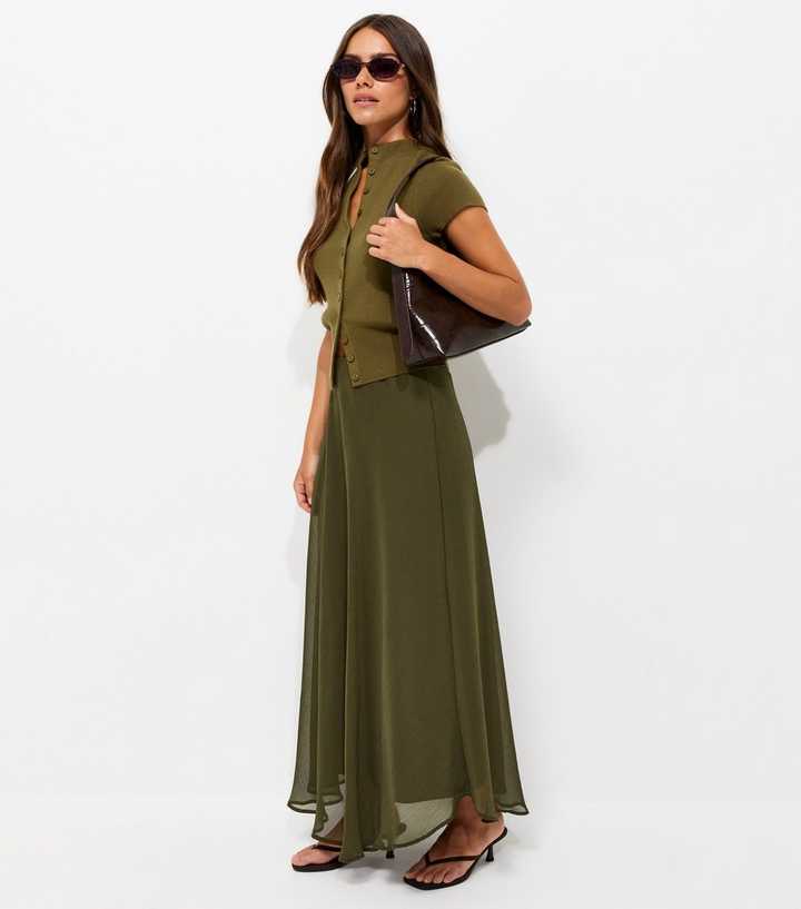 Petite Dark Khaki Chiffon Circle Midi Skirt