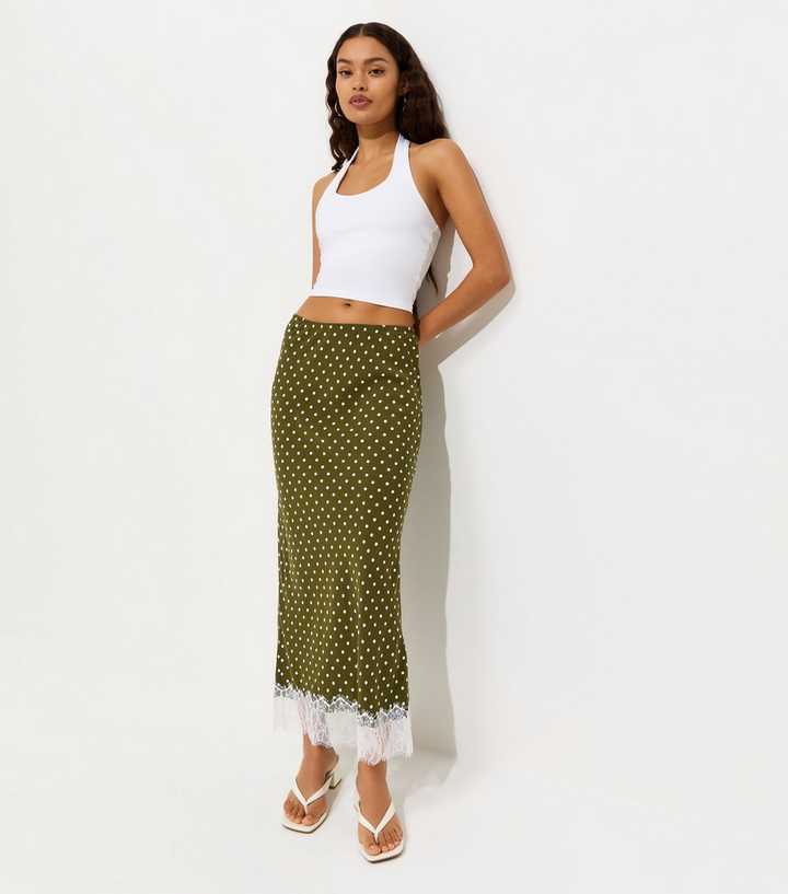 Petite Green Polka Dot Lace Midi Skirt