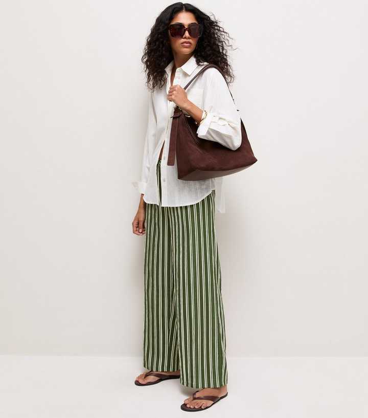 Green Striped Drawstring Wide Leg Trousers