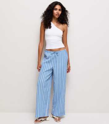 Blue Striped Drawstring Wide Leg Trousers