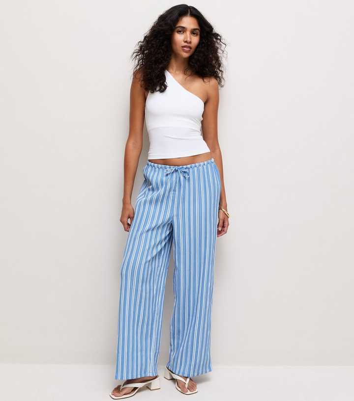 Blue Striped Drawstring Wide Leg Trousers