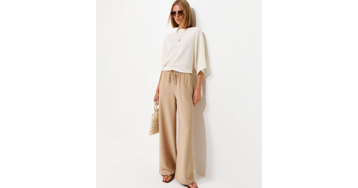 Stone Woven Drawstring Wide Leg Trousers