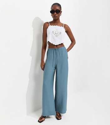 Light Blue Woven Drawstring Wide Leg Trousers