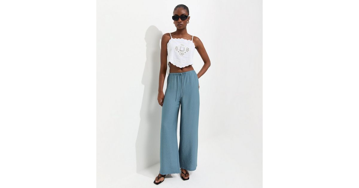 Light Blue Woven Drawstring Wide Leg Trousers