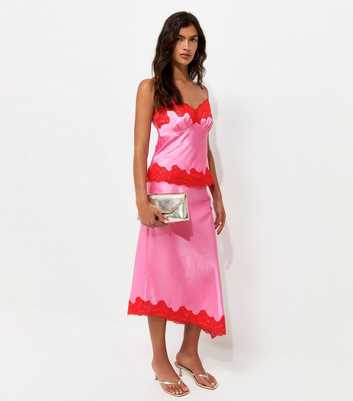 Bright Pink Satin Lace Asymmetric Midi Skirt