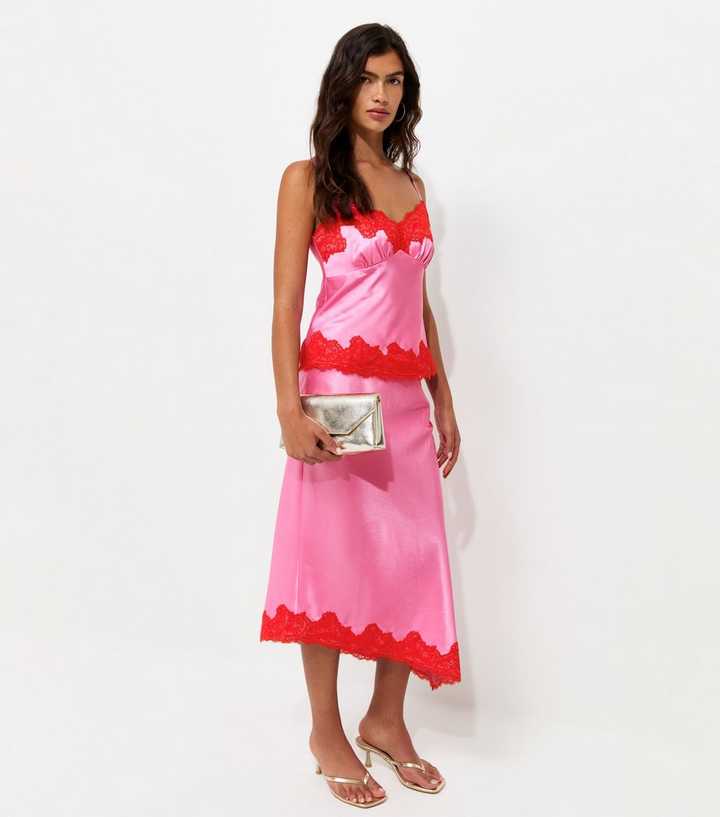Bright Pink Satin Lace Asymmetric Midi Skirt