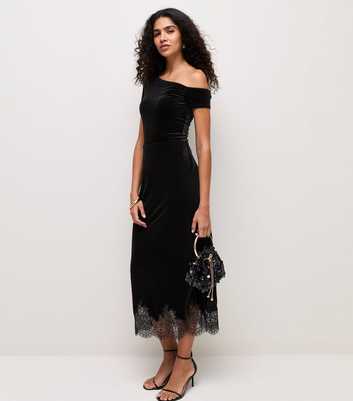 Black Velvet Lace Trim Midi Skirt