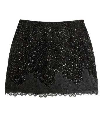 Black Velvet Sequin Lace Trim Mini Skirt