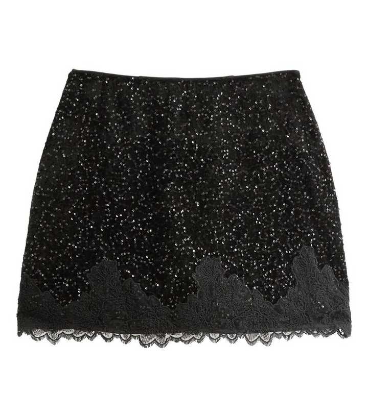 Black Velvet Sequin Lace Trim Mini Skirt