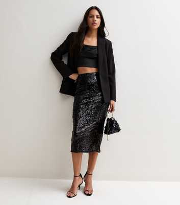 Black Sequin Embellished Midi Skirt