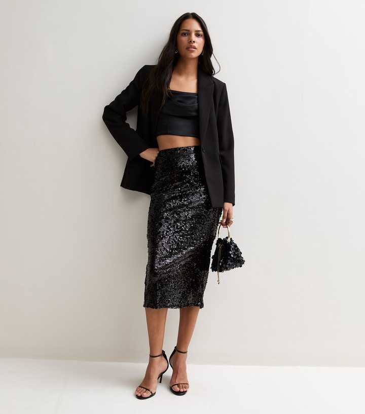 Black Sequin Embellished Midi Skirt