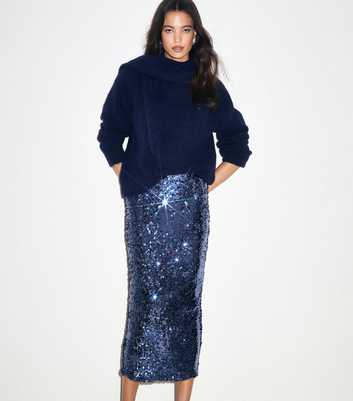 Blue Sequin Embellished Midi Skirt
