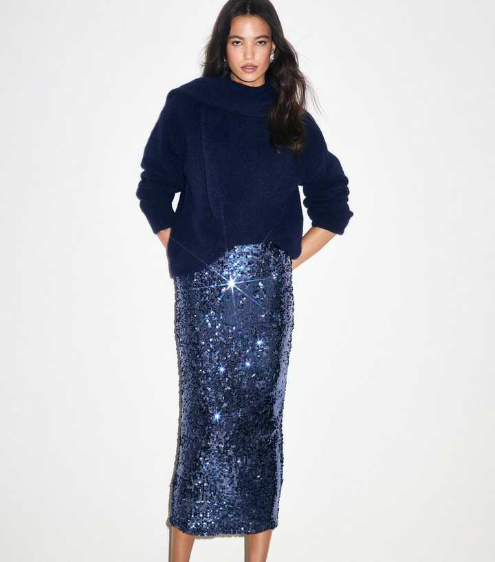 Blue Sequin Embellished Midi Skirt
