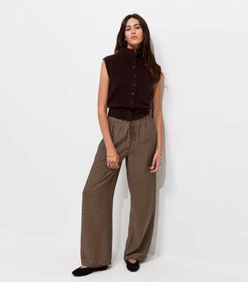 Brown Check Drawstring Wide Leg Trousers