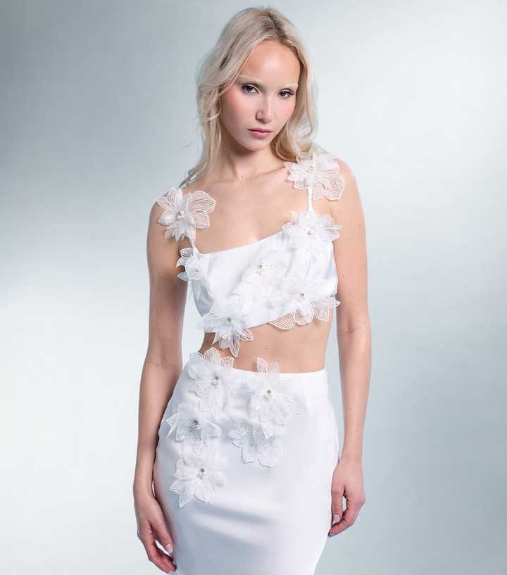 Public Desire White Floral Appliqué Tie Satin Top