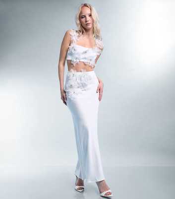 Public Desire White Floral Appliqué Satin Maxi Skirt